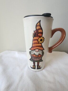 Halloween Gnome Ceramic Travel Mug Autumn Fall Pumpkin Lidded 20oz